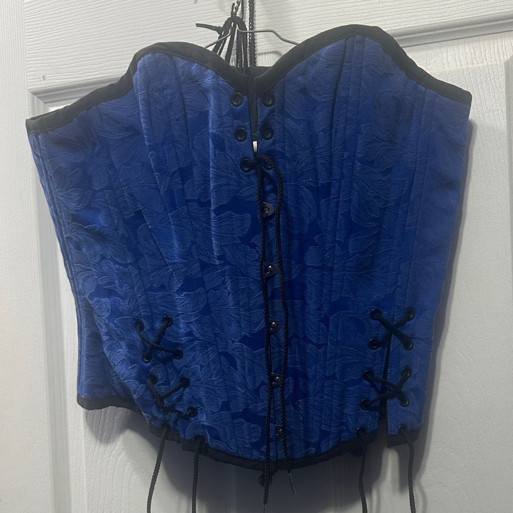 Blue Floral Brocade Corset with Black Trim